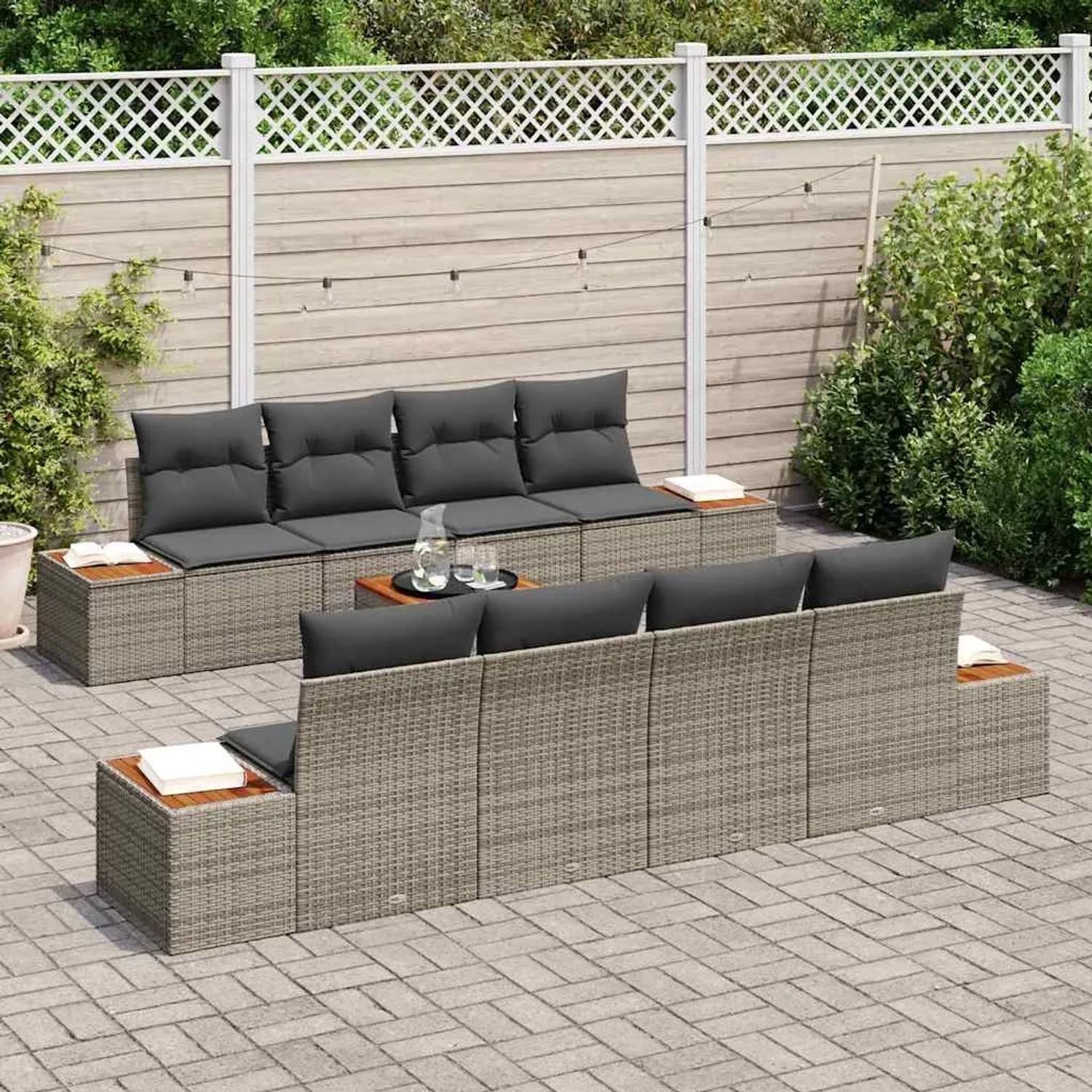 Graues 9-teiliges vidaXL Garten-Sofa-Set aus Poly Rattan mit Kissen und Tisch.
