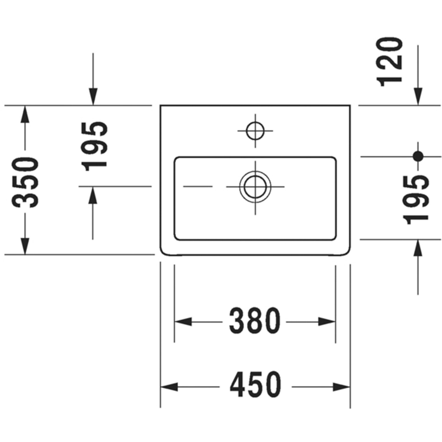 Draufsicht Duravit Handwaschbecken Vero, 45 cm, weiß, mit Maßen für Gästebad/WC.