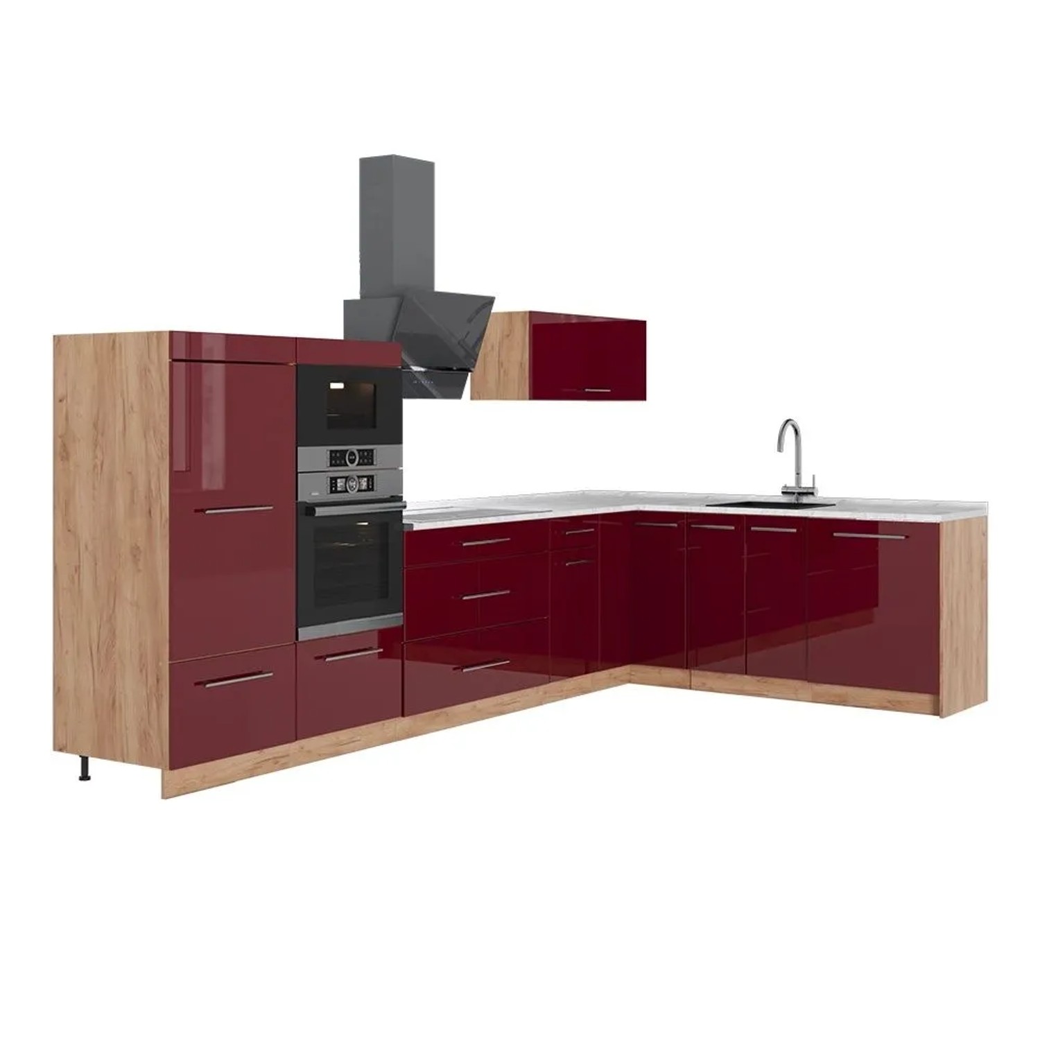 Vicco Eckküche Fame-Line Bordeaux Hochglanz/Goldkraft Eiche 347 x 154 AP Marmor Art Nr 63611