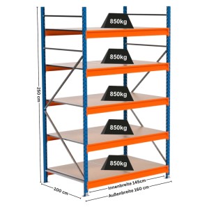 PROREGAL Weitspannregal MAXIMUS PRO Grundregal, 250x150x100cm, blau/orange, mit 5 Spanplatten-Fachböden.