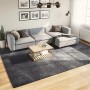 Großer anthrazitfarbener Kurzflor-Teppich im Wohnzimmer. Weicher, waschbarer Teppich auf Holzfußboden.