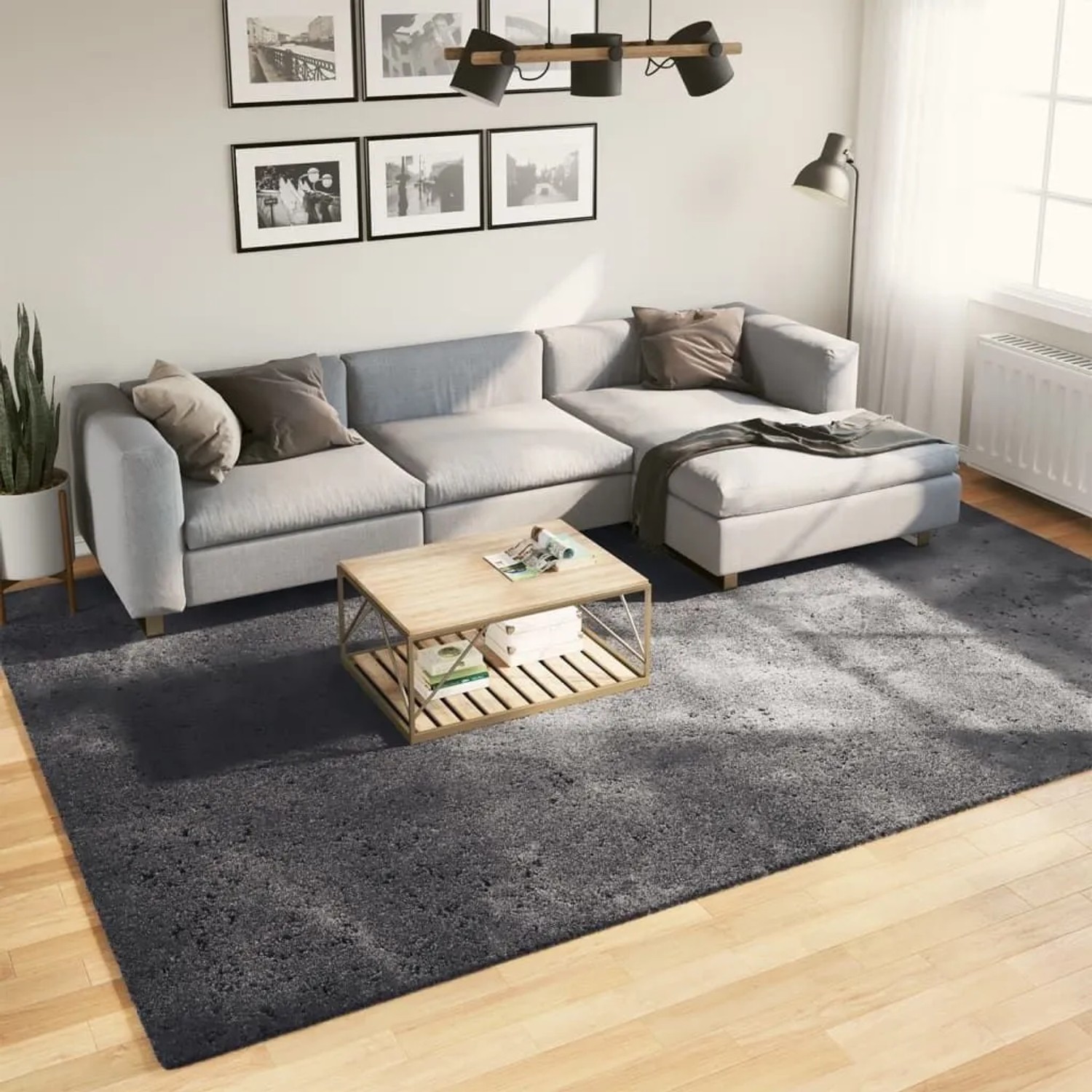 Großer anthrazitfarbener Kurzflor-Teppich im Wohnzimmer. Weicher, waschbarer Teppich auf Holzfußboden.
