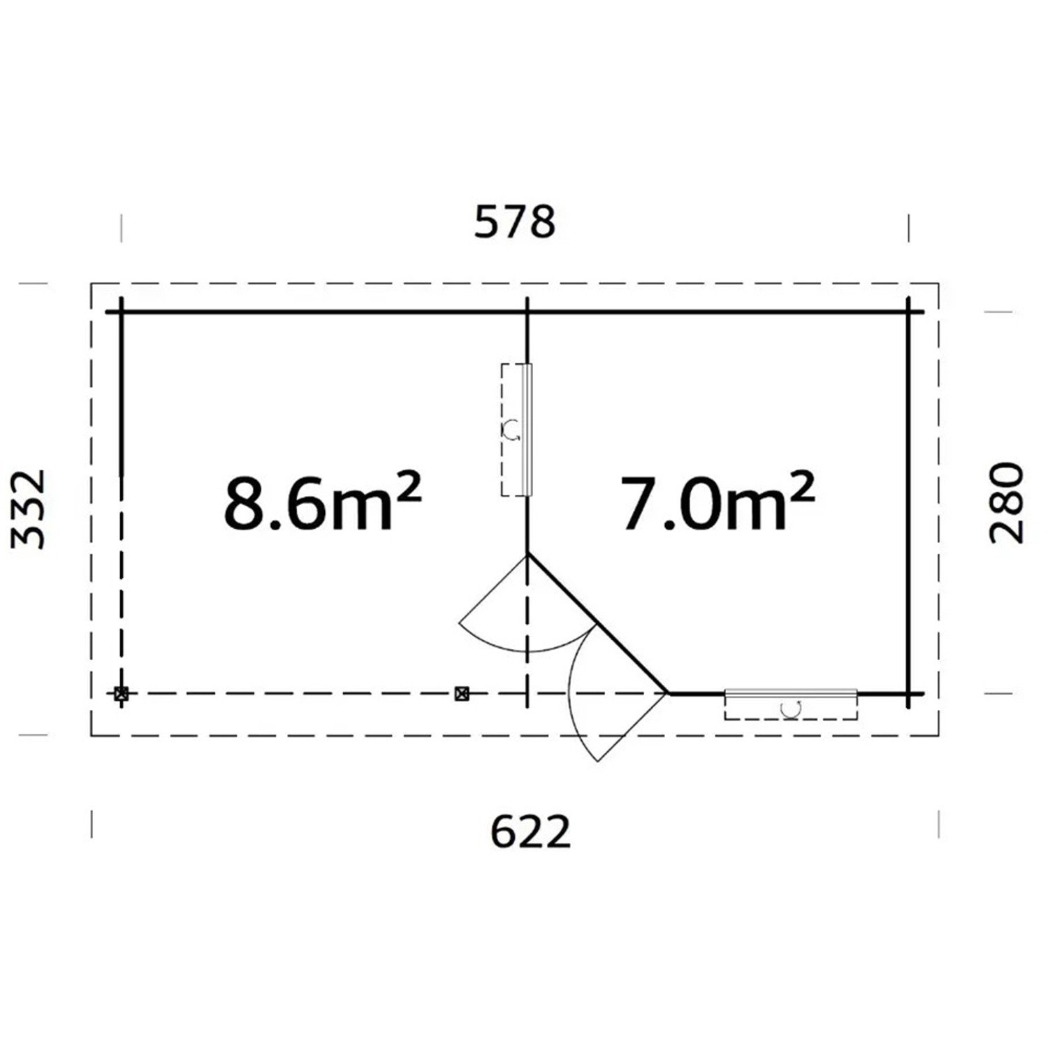 Grundriss Carlsson Gartenhaus Carl-28, Pultdach, 578x274 cm, imprägniert. Holz-Gartenhaus mit Maßen und Raumaufteilung.