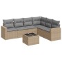 Beige 7-tlg. vidaXL Garten-Sofagarnitur aus Rattan mit hellgrauen Kissen und Tisch.