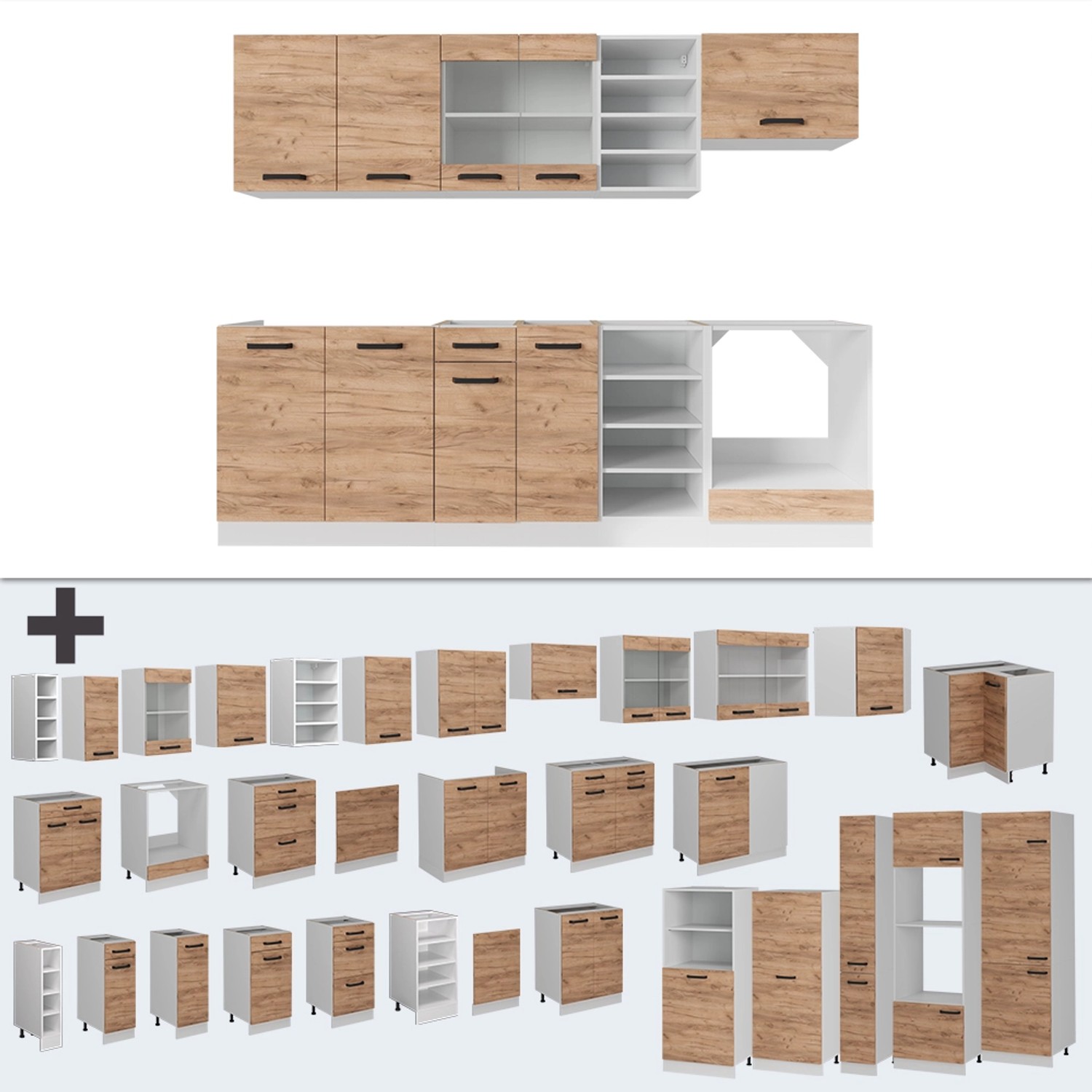 Vicco R-Line Küchenzeile 240 cm in Goldkraft Eiche/Weiß, ohne Arbeitsplatte. Küchenblock mit verschiedenen Modulen.