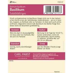 Saatgutpackung Pabst Keimkraft Basilikum Salatblättrig & Aromatisch.