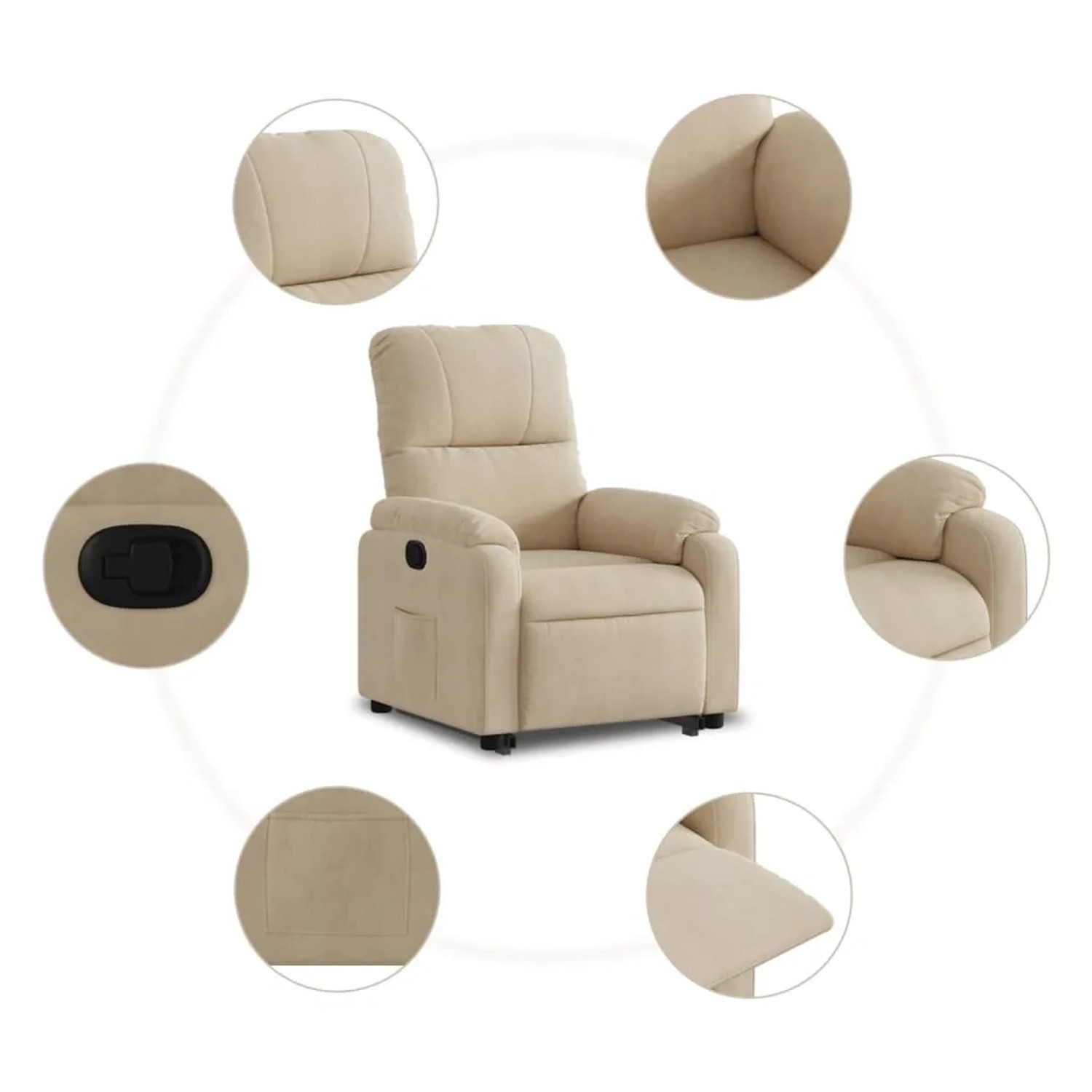 Cremefarbener Relaxsessel mit Aufstehhilfe aus Mikrofaser, mit Seitentasche und manueller Liegefunktion.