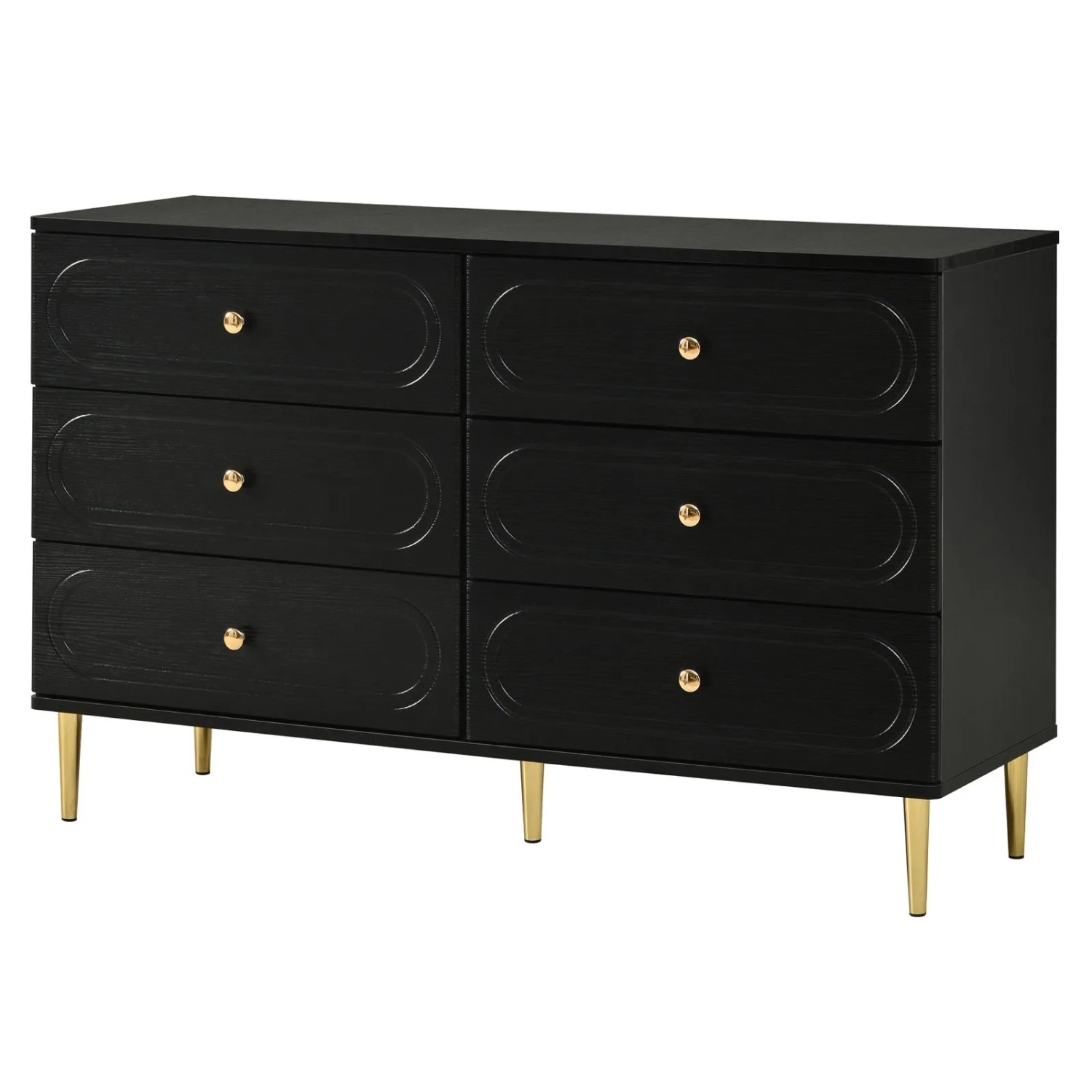 PXloue Sideboard 120 cm Schwarz mit 6 Schubladen Ovalen Fronten und Metallfüßen