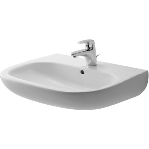 Weißes Duravit D-Code Handwaschbecken, 60 cm breit, mit Armatur und rundem Becken.