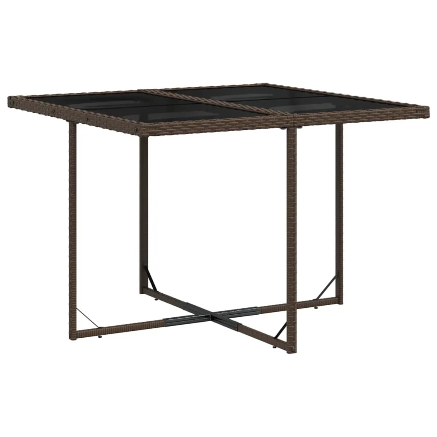 Quadratischer Gartentisch aus braunem Rattan mit schwarzer Glasplatte, Teil der 9-tlg. vidaXL Essgruppe.