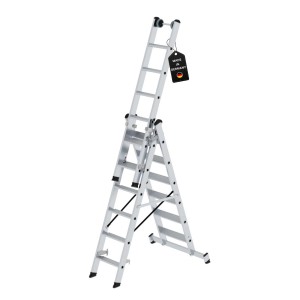 PROREGAL 3-teilige Stufen-Mehrzweckleiter aus Aluminium, als Anlege-, Steh- oder Schiebeleiter nutzbar.