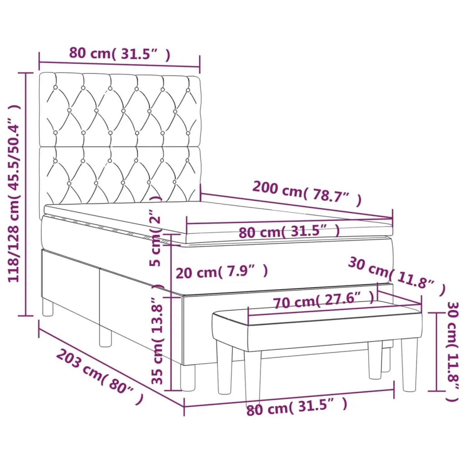 vidaXL Boxspringbett dunkelbraun (80x200 cm) mit Matratze und Bank. Bett mit gestepptem Kopfteil.