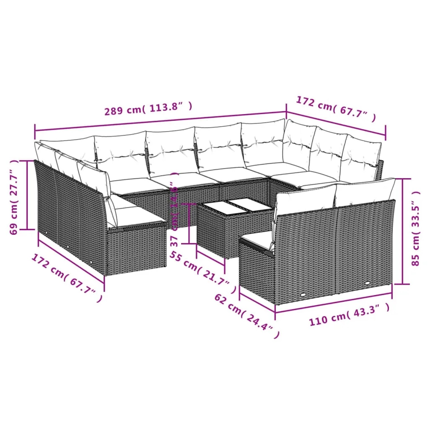 vidaXL Garten-Sofagarnitur, 12-teilig, schwarz, Poly Rattan mit Kissen und Maßangaben.