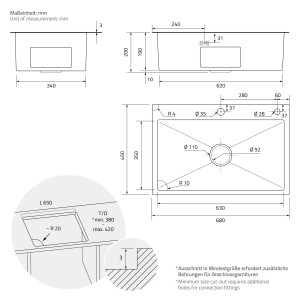 Technische Zeichnung: ML-Design Spülbecken Edelstahl, 68x45 cm, mit Maßen und Details.