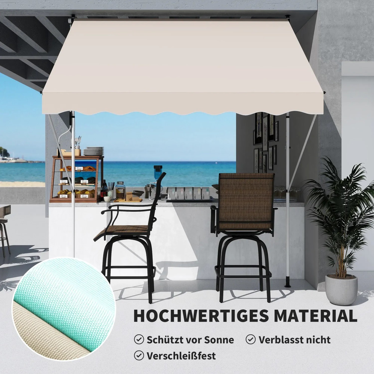 Beige Outsunny Klemmmarkise aus Aluminium und Stahl, montiert über einer Bar im Freien.