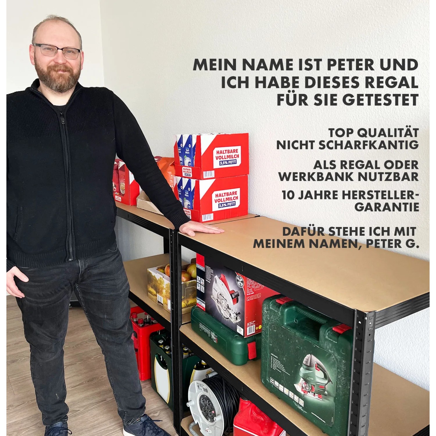 Schwarzes KARAT Schwerlastregal mit 5 Böden, beladen mit Werkzeug und Lebensmitteln.
