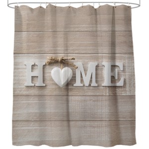 Sanilo Duschvorhang Home, 180x200 cm, mit Holz-Optik und HOME-Schriftzug.