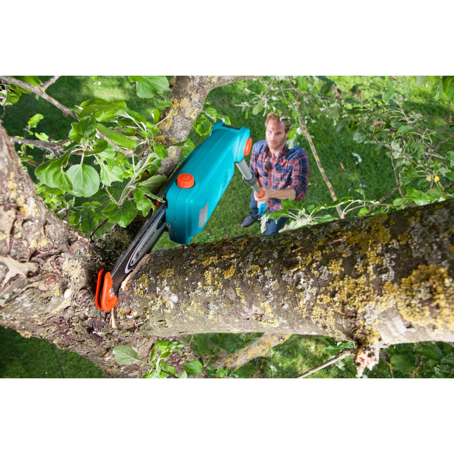 Gardena Elektro-Teleskopsäge TCS 720/20 im Einsatz beim Äste schneiden.