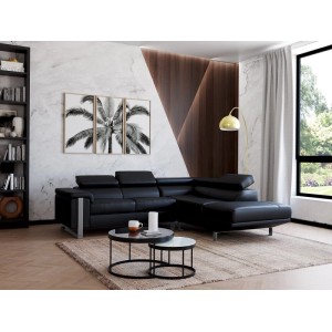 Schwarzes L-förmiges Ledersofa Mystique mit verstellbaren Kopfstützen in modernem Wohnzimmer.