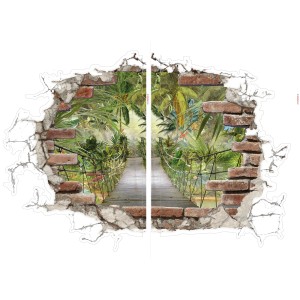 Komar Wandsticker Into the Maze mit Dschungel-Brücke durch eine Backsteinmauer, 70x50 cm.