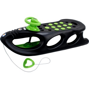 Schwarzer KHW Schlitten Snow Shuttle de Luxe mit grünen Akzenten und Lenkrad.