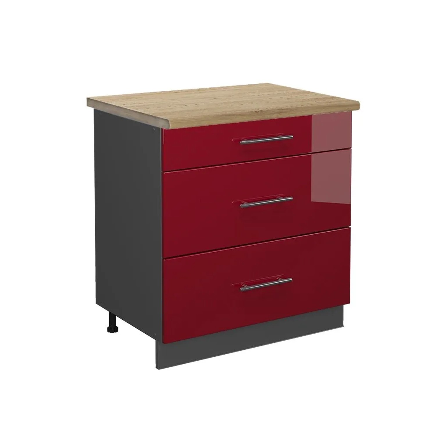 Vicco Küchenunterschrank Fame-Line Bordeaux Hochglanz Anthrazit 80 cm mit 3 Schubladen AP Eiche