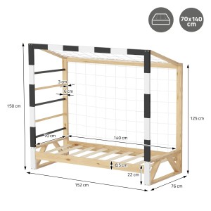 ML-Design Kinderbett Fußballtor mit Matratze, 70x140 cm, Kiefernholz. Bett im Fußball-Design mit Netz und Sprossen.