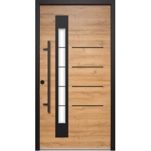Splendoor Sicherheitshaustür Thermospace Berlin Prime RC2, 110x210 cm, Holzdekor Eiche Natur, mit Glaselement und schwarzem Rahmen.