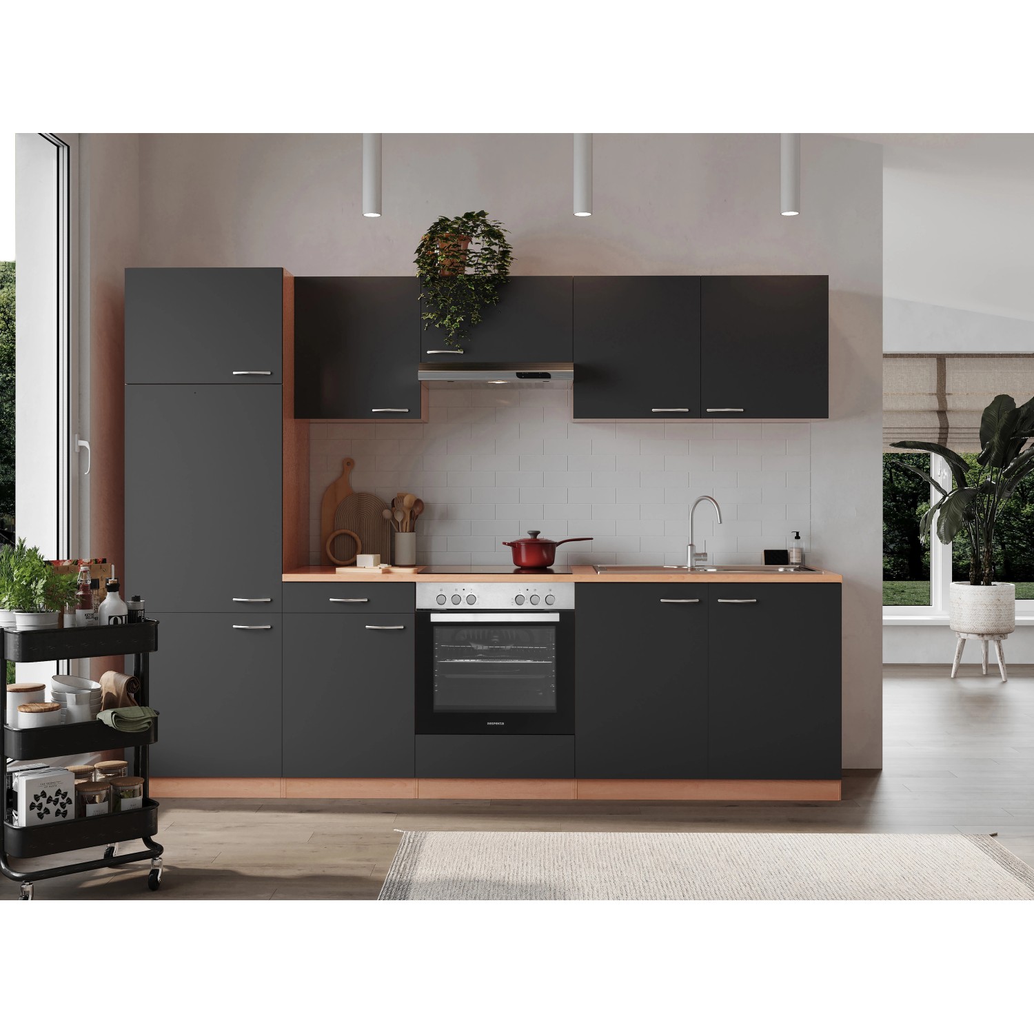 Respekta Küchenzeile KB270BGEC 270 cm Grau-Buche Nachbildung günstig online kaufen