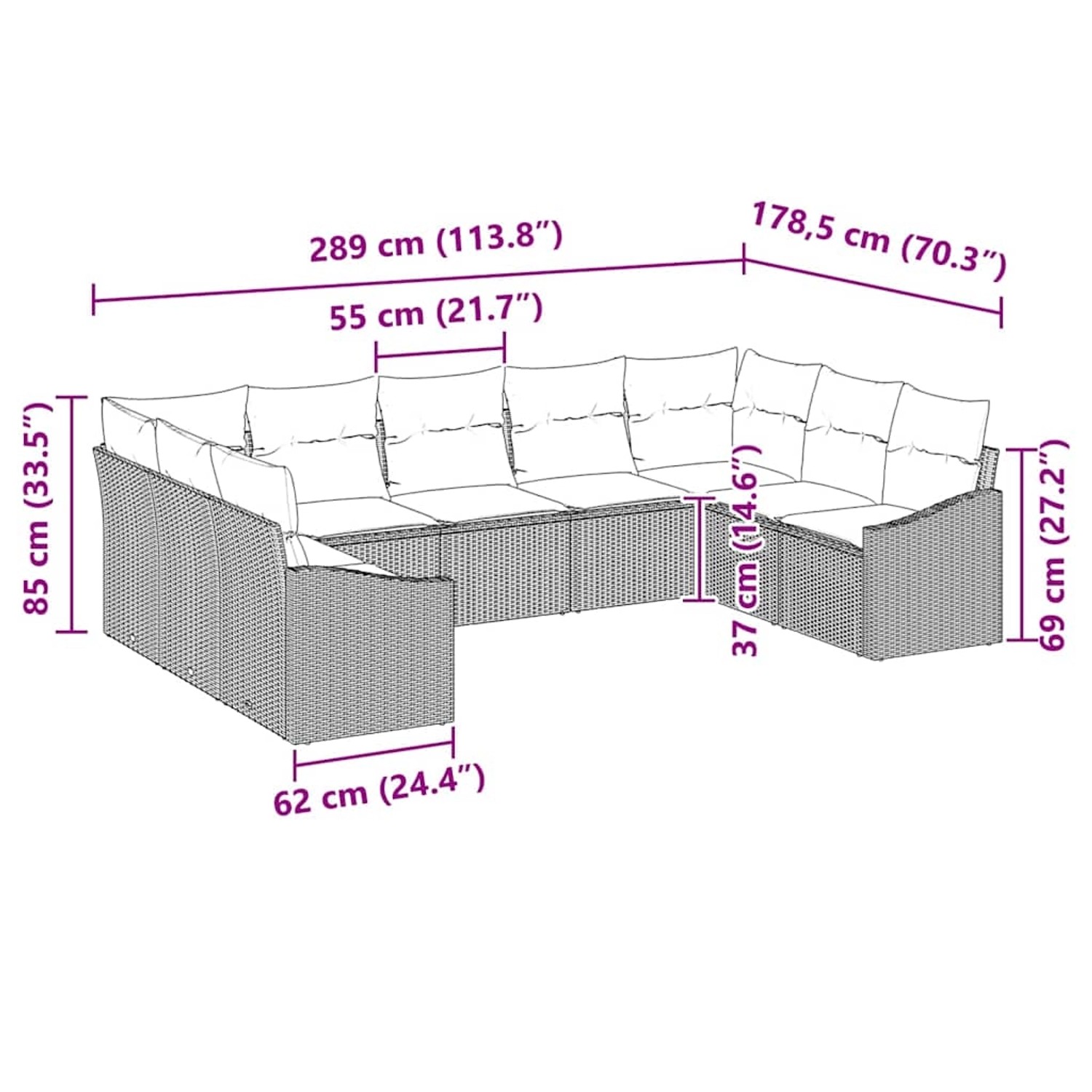 vidaXL Garten-Sofa-Set, 9-teilig, braunes Poly Rattan, mit Maßangaben.