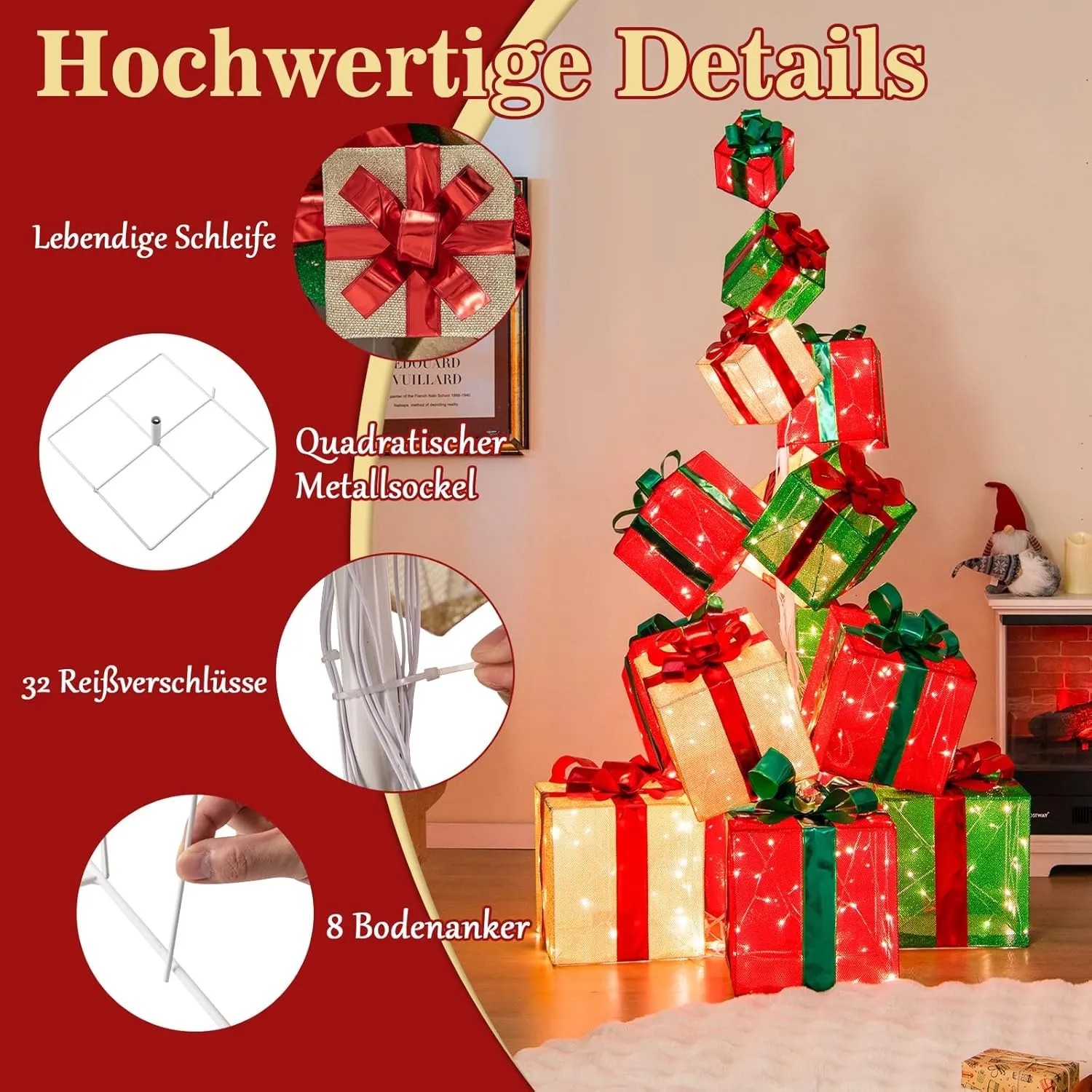 Costway Geschenkboxen-Baum, 170 cm, mit LED-Beleuchtung, Weihnachtsdekoration.