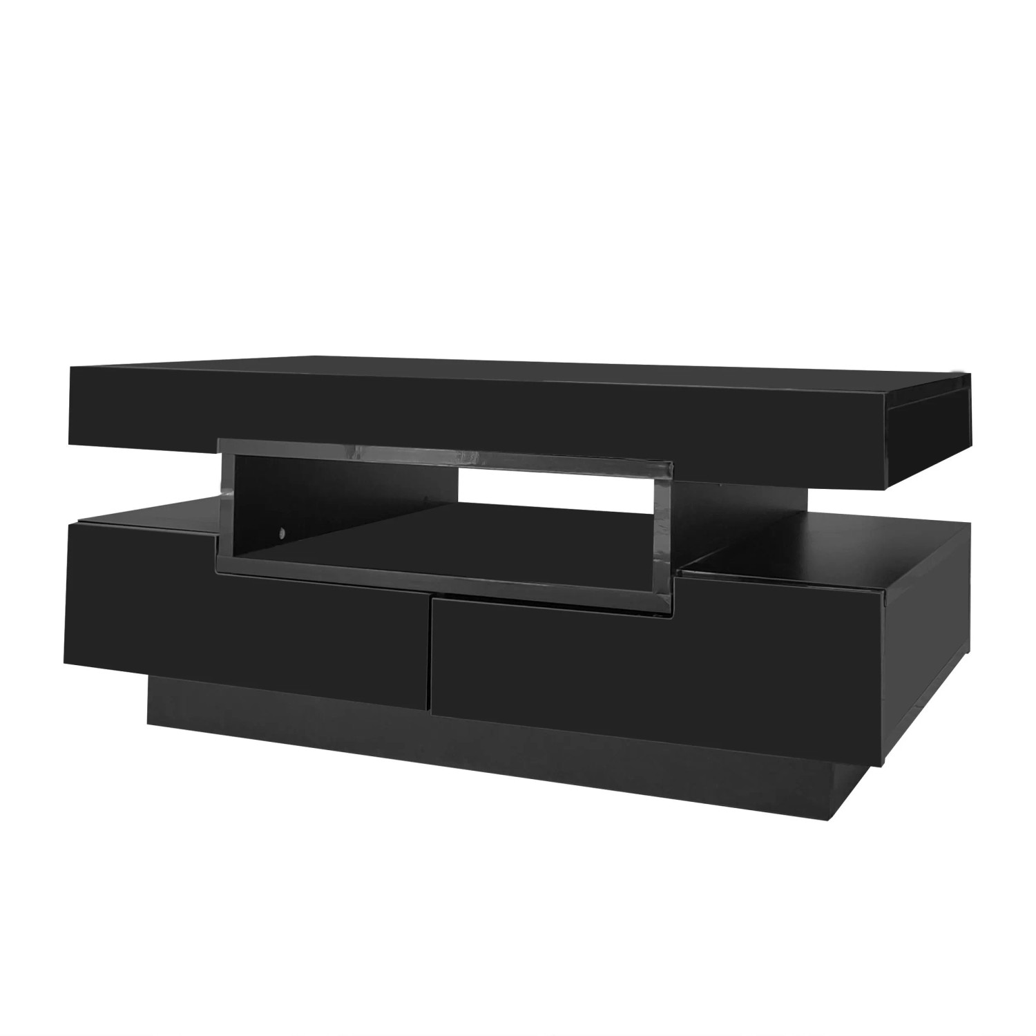 Couchtisch Hochglanz 80x50x36 cm mit LED Schubladen und Offenen Fächern Schwarz