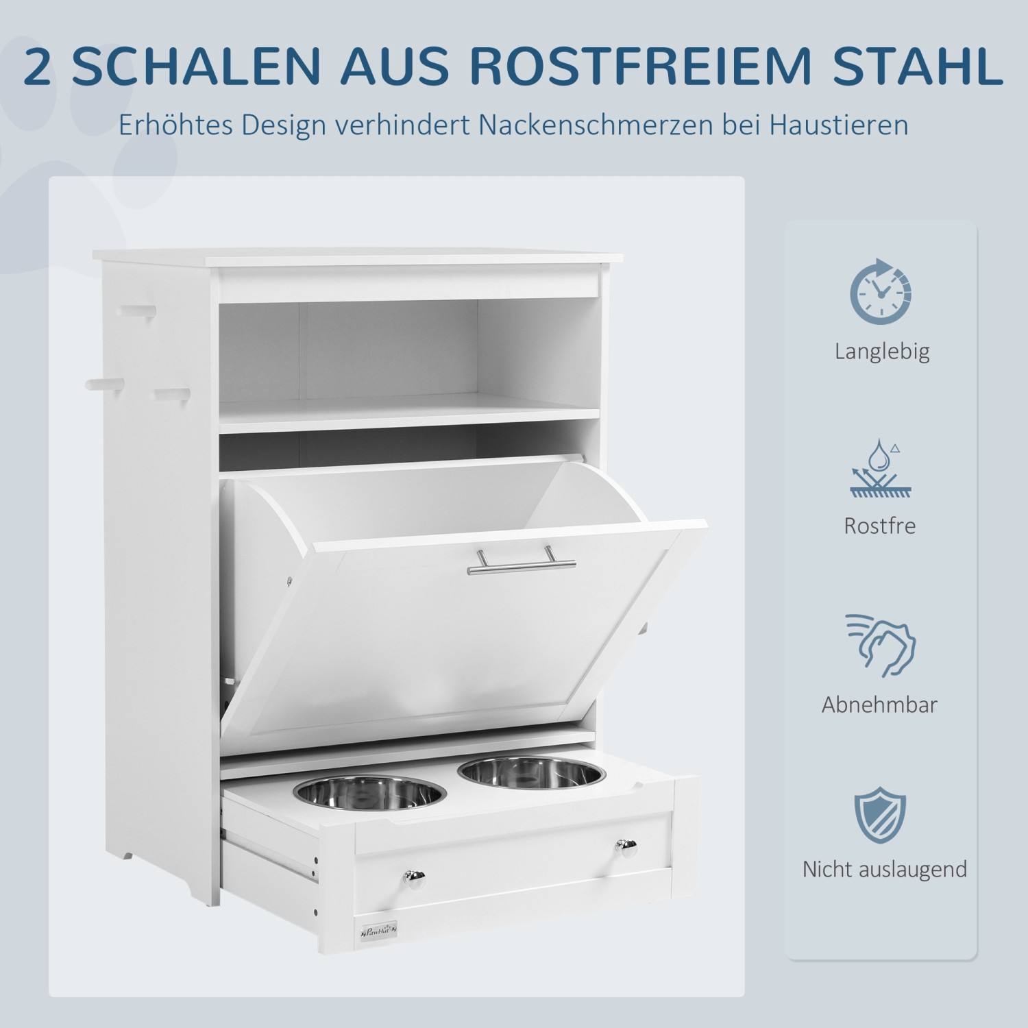 Weißer PawHut Haustier-Futterschrank mit zwei Edelstahlnäpfen und Stauraum.