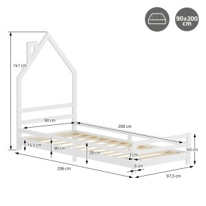 Weißes ML-Design Kinderbett Haus (90x200 cm) mit Matratze, Seitenansicht mit Maßangaben.