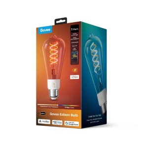 Govee Smart-Glühfaden E27 RGBWW in Verpackung. Edison-Stil Glühbirne leuchtet orange und blau. Smarte Leuchtmittel.