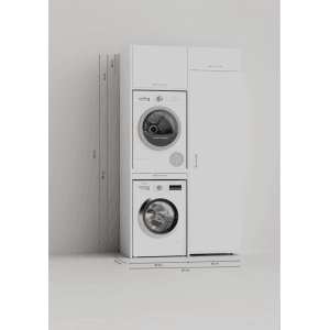 Weißer Waschturm Slimline 3.4 Badmöbel-Set mit Schrank für Waschmaschine, Trockner und Hochschrank.