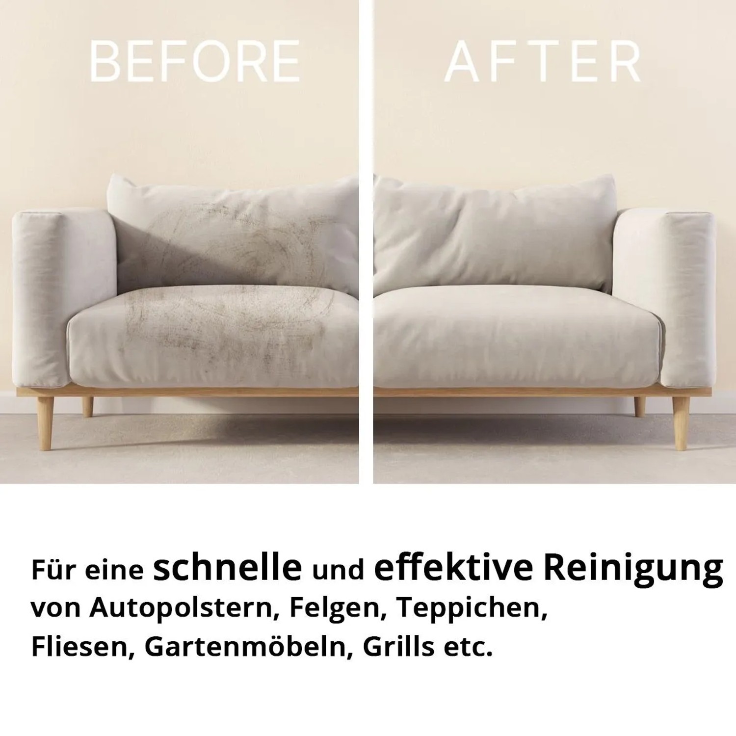 Vorher-Nachher: Schmutziges Sofa wird mit STAHLWERK Bürsten-Aufsatz Set sauber. Ideal für Polster & Oberflächen.