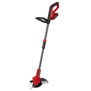 Roter Einhell Akku-Rasentrimmer GC-CT 18/25 Li-Solo mit Teleskopstiel und Flowerguard für präzise Rasenpflege.