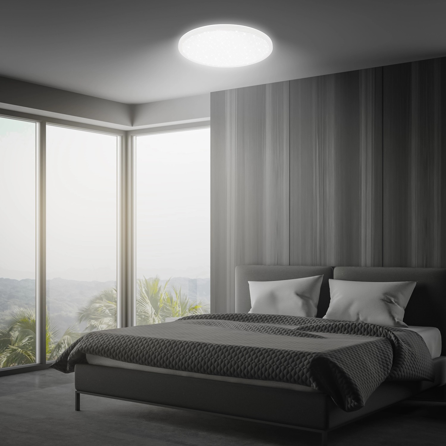 Brilo LED-Panel Slim Sternenhimmel im Schlafzimmer, dimmbare LED-Deckenleuchte mit Sternenmuster.