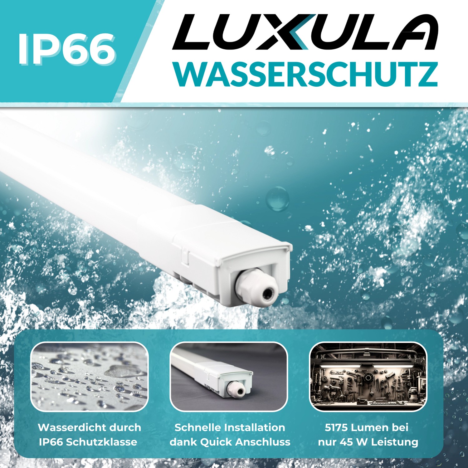 LUXULA LED Feuchtraumleuchte, 150cm, 45W, neutralweiß, IP66, mit Wasser.