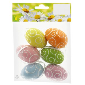 Ostereier-Set mit 6 bunten Eiern und weißen Mustern zum Aufhängen als Osterdeko.