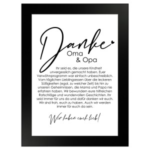 Gerahmtes Poster "Danke Oma und Opa" (13x18 cm) im schwarzen Rahmen. Geschenkidee für Großeltern.