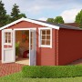 Lasita Holz-Gartenhaus Wels 4 in Schwedenrot mit geöffneten Doppeltüren und weißen Fensterrahmen.