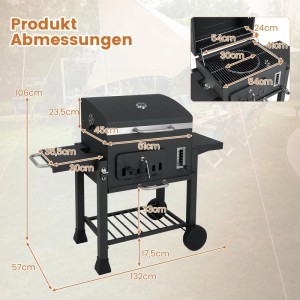 Schwarzer Holzkohlegrillwagen COSTWAY mit Thermometer und Rädern, Seitenablagen und Grillrost.