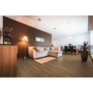 Wohnraum mit Jangal Laminatboden Oak National Park Line Pro Muddus in Holzoptik.