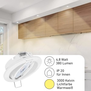 12er Set Oktaplex Einbauspot in Weiß, schwenkbar, mit warmweißem LED Modul für stimmungsvolle Beleuchtung.