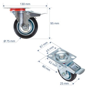 HMF 6790 Schwerlastrollen Bremse Vollgummi 4 Stück 75 mm bis 200 kg Schwarz