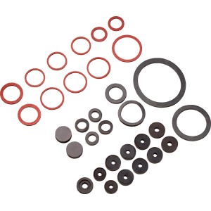 Dichtungs-Set für Siphons und Armaturen, bestehend aus Gummi- und Fiberringen in verschiedenen Größen.
