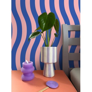 Dekorative Vliestapete mit wellenförmigen Streifen in Blau und Rosa an einer Wand, dekoriert mit Pflanze.