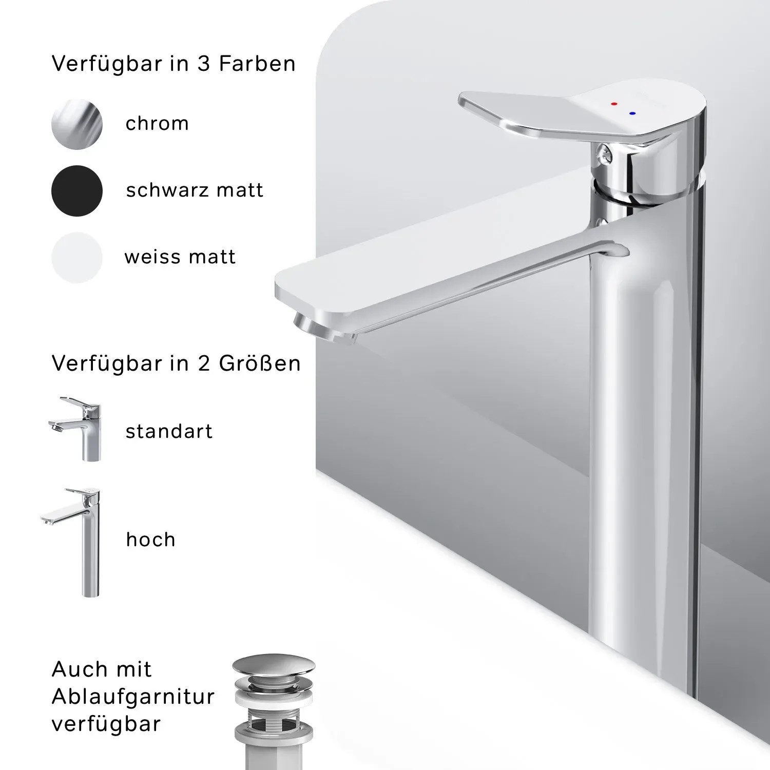 AM.PM Waschtischarmatur X-Joy, hohe Chrom-Armatur für Waschbecken, mit optionalem Ablaufgarnitur.